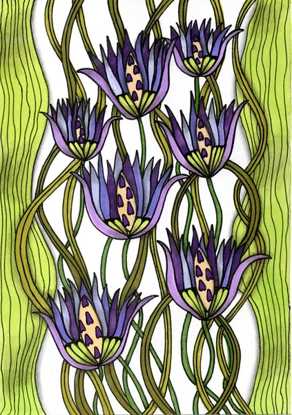 Grafik şeklinde biçimlendirilmiş bir illüstrasyon: uzun yapraklı mor çiçekler ve açık sarı-yeşil merkezler kıvrımlı yeşil ve zeytin saplarıyla iç içe geçmiştir.