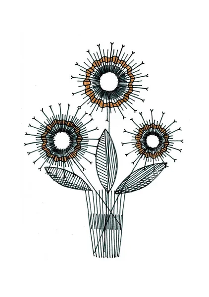 Üç stilize çiçeği gösteriyor, grafik şeklinde infaz edilmiş. Yapraklar ince çizgiler ve daireler çizerek oluşur. Güneş ışınlarının ya da ışığın etkisini yaratır.. 