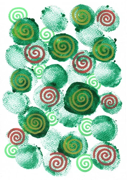 Sünger izlerine ya da suluboya darbelerine benzeyen çok renkli spiraller yeşil noktalara yerleştirilmiş. Renkler ağırlıklı olarak yeşil, kırmızı ve sarı..