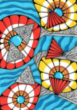 Çiçekleri veya güneş disklerini anımsatan soyut bir kompozisyon. Mavi çekirdekli merkezi daireler kırmızı, beyaz ve sarı renklerle boyanmış taç yapraklarıyla çevrilidir. Aralarında üçgenler var..