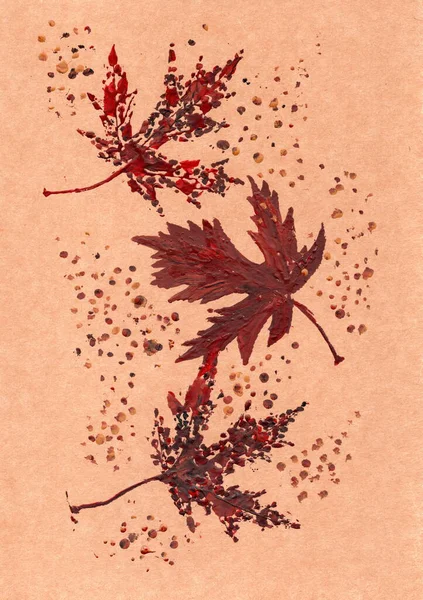 Bordo kırmızısı ve koyu kahverengi tonlarda yapılmış üç sonbahar yaprağı çapraz olarak sıralanır ve yağmur damlalarını veya toprak parçacıklarını hatırlatan sayısız küçük noktalarla çevrilidir..