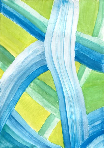 Mavi, çivit, yeşil ve sarı geniş fırça darbeleriyle yapılan soyutlama. Bileşim, nehir manzarası gibi kesişen su ve tarlaları çağrıştırıyor..