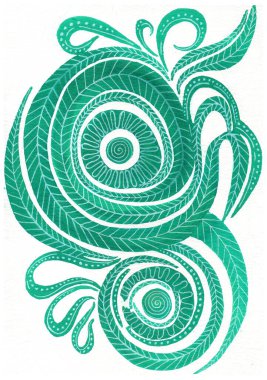 Yeşilin tonlarında uygulanan bu resimde soyut bir çiçek motifi var. Kompozisyonun merkezinde kıvrımlara veya yapraklara benzeyen iki büyük spiral element vardır..
