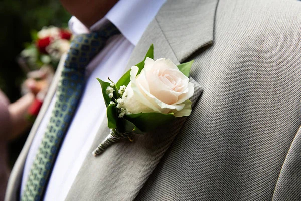 Düğün Yaka Çiçeği Damat Takım Elbise Üzerinde — Stok fotoğraf