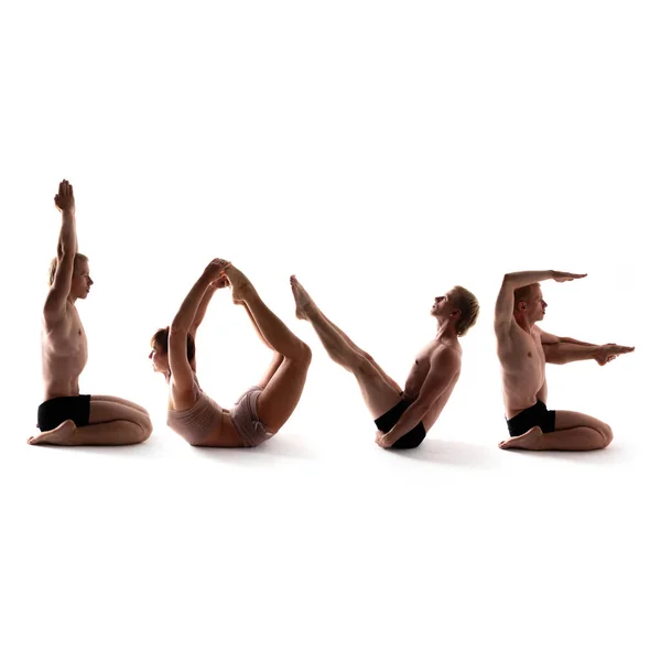 Yoga Alphabet Athletes Forming Love Word White Background — Stock Photo, Image