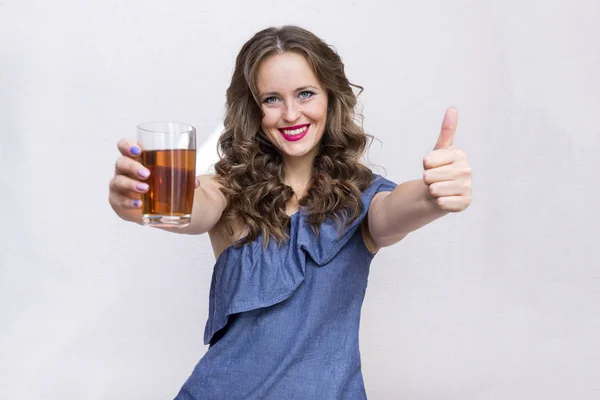 White Girl Blue Dress Curly Hair Glass Juice Shows Class — Stock Photo, Image