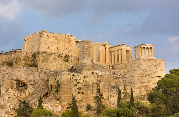 Vista Acrópolis Atenas Atardecer Templos Griegos Antiguos Atenas Colina — Foto de Stock