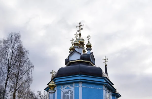Cúpula Iglesia Ortodoxa Contra Cielo Gris Iglesia Ortodoxa Madera — Foto de Stock