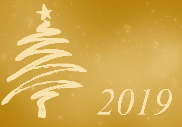 Resumo Ilustração Pintada Árvore Natal Inscrição 2019 Fundo Dourado Com — Fotografia de Stock