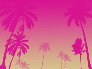 ve palmiye ağaçlarının pembe kırmızı arka plan, gün batımı taklit, illüstrasyon pembe siluetleri