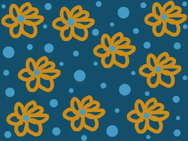 Illustration Yellow Flowers Blue Circles Dark Blue Background Floral Print — Stock Photo, Image