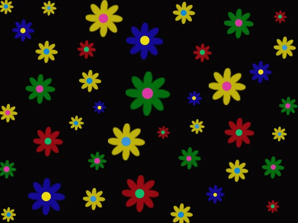 Разноцветные Цветы Разных Пятен Черном Фоне Цветочная Печать Иллюстрация — стоковое фото