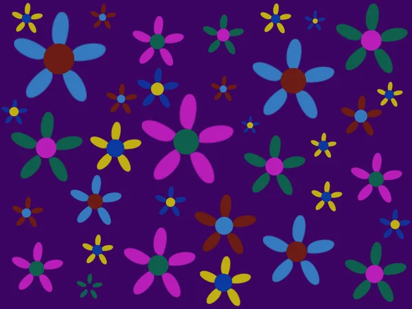 Illust Flores Multicolores Diverso Tamaño Sobre Fondo Púrpura Oscuro Estampado —  Fotos de Stock