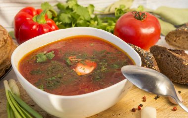 borsch, kaşık, Yeşiller, sıcak çorba, yemek, ekmek, sebze, kırmızı çorba ile plaka