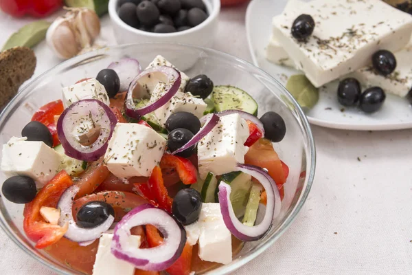 Řecký Salát Zeleninový Salát Rajčat Sýr Feta Sladká Paprika Okurka — Stock fotografie