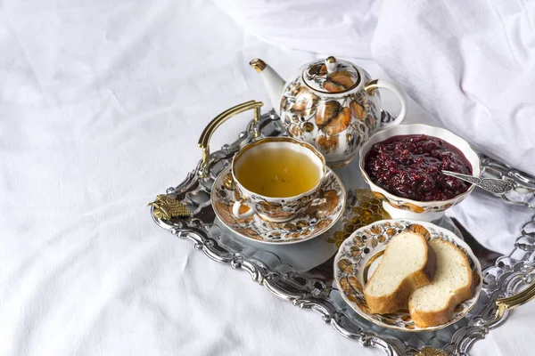 Tee Set Auf Tablett Tasse Tee Auf Untertasse Teekanne Schüssel — Stockfoto