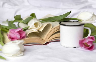 Beyaz ve Pembe Laleler, beyaz kağıda beyaz kupa Defteri'ni