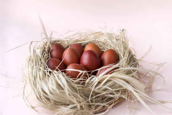 Eieren, Pasen, brown, paaseieren, nest, beige achtergrond, — Stockfoto