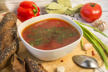 çorba, otlar, ekmek, soğan, domates, biber, SPO ile çorba kase