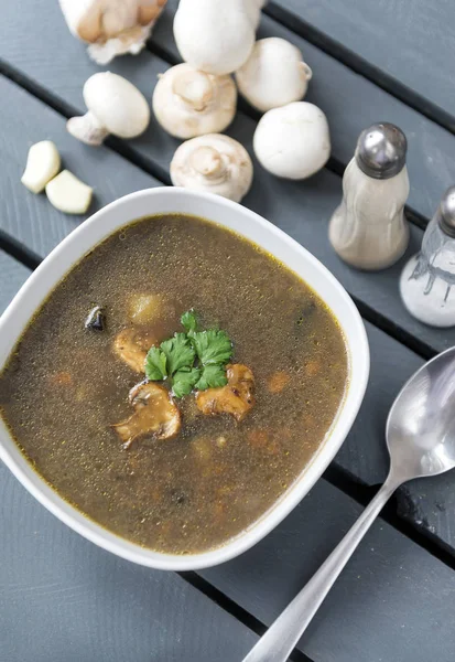 1 plate of mushroom vegetable soup, spoon, fresh mushrooms — Stock Image 1 plate of mushroom vegetable soup, spoon, fresh mushrooms Stock Image