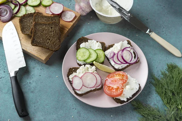 Sandwiches with rye whole grain bread, soft ricotta cheese, radi — Stock Photo, Image