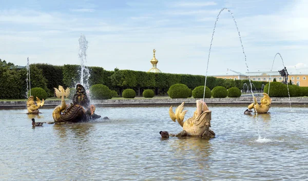 Fuente con esculturas de peces en la ciudad Parque, Peterhof, Rusia — Foto de Stock