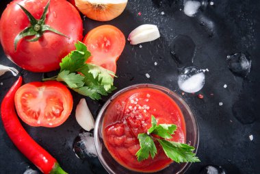 Yeşil maydanozlu taze ketçap, otlar, domates dilimleri, kırmızı biber, sarımsak, buz küpleri, siyah arka planda, sos üst görünümü,