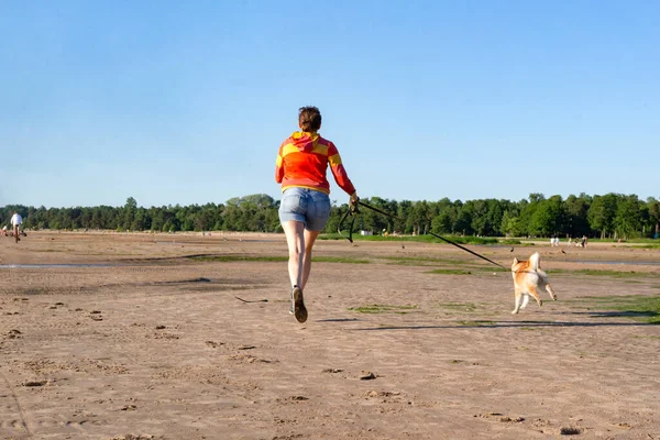 Человек Бегает Собакой Песчаному Пляжу — стоковое фото
