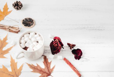 Bir fincan kremalı sıcak kakao, sonbahar sarısı akçaağaç yaprakları, koniler, tarçın çubukları, beyaz ahşap arka planda kurumuş gül kopyalama alanı.