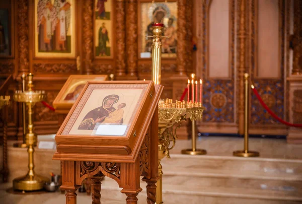 Interior Orthodox Church Icon Mother God Child Candles Altar — Stock Photo, Image