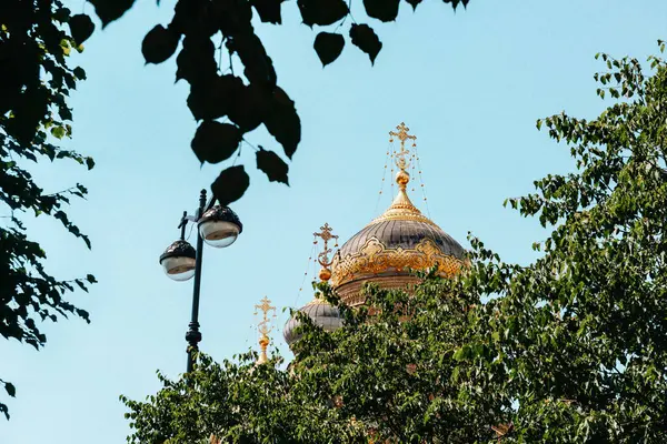Goldene Kuppeln Der Orthodoxen Kirche Laub Der Bäume Vor Blauem — Stockfoto
