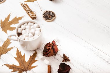 1 fincan kremalı sıcak çikolata, akçaağaç yaprağı kuru tarçın çubukları, kurutulmuş gül, beyaz bir ahşap üzerinde bir dilim kuru portakal. 