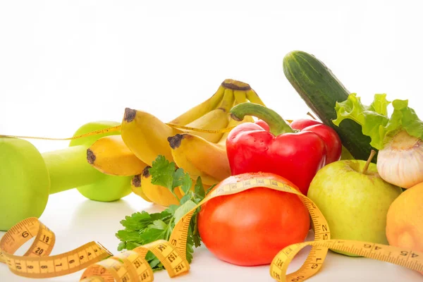 Vegetables Fruits Dumbbells Measuring Tape White Background Healthy Food Tomatoes — Stock Photo, Image