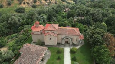 Kırmızı kiremit çatılı ve yemyeşil ormanlarla çevrili eski bir taş kilisenin insansız hava aracı görüntüsü.