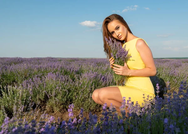 Hermosa Mujer Joven Campo Lavanda — Foto de Stock