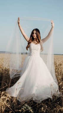 Gün batımında buğday tarlasında güzel gelin