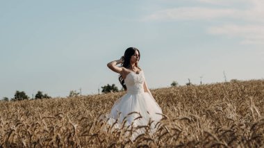 Gün batımında buğday tarlasında güzel gelin