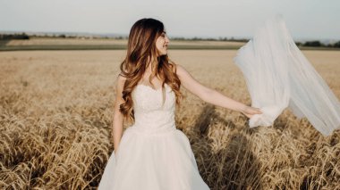 Gün batımında buğday tarlasında güzel gelin