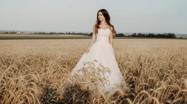 Gün batımında buğday tarlasında güzel gelin