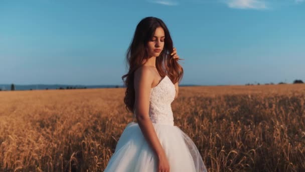 Bella Sposa Nel Campo Grano Tramonto — Video Stock