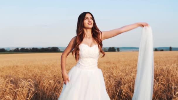 Bella Sposa Nel Campo Grano Tramonto — Video Stock