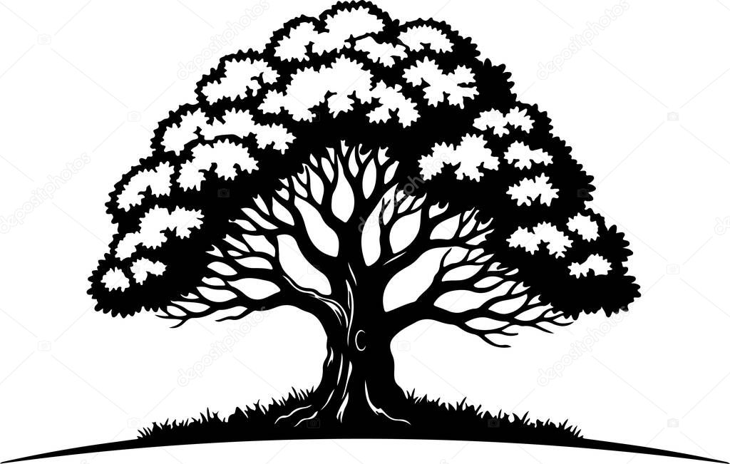 Stylized black and white oak tree silhouette