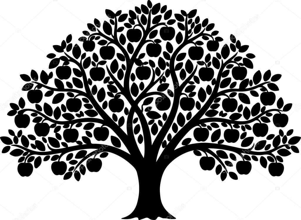 Black silhouette of an apple tree on white background