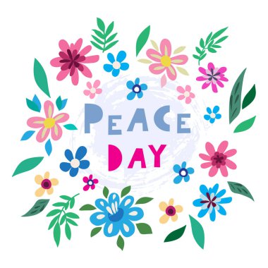 Uluslararası günü barış-şablonu poster, afiş. Konsept illüstrasyon çiçeklerle güvercin barış, zeytin dalı ve el yazılı metin. Vektör çizim.