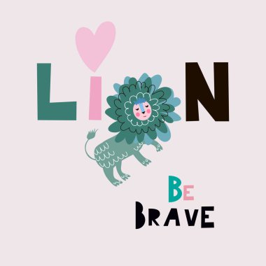 İskandinav tarzında şirin çizgi film aslanı. Metin sloganı 