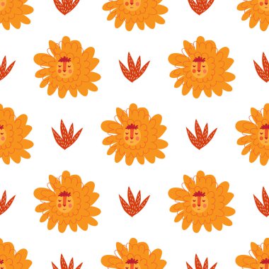 İskandinav tarzında aslanlı şirin, çocuksu çizgi film. Tekstil, kumaş, t-shirt şablonu, yüzey tasarımı, moda çocuğu kıyafetleri, çocuklar için bebek duşu vektör çizimi.