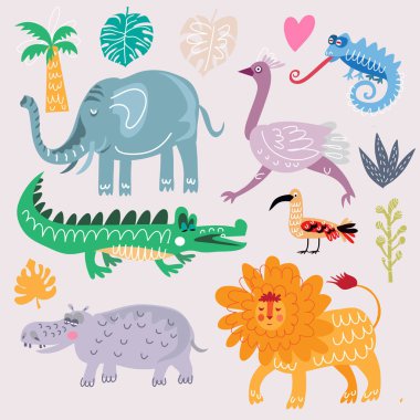 Tropikal hayvanlar, bitkiler ve egzotik çiçeklerle dolu güzel büyük bir set. Çizgi film stilinde şirin vektör elementleri. Tasarımınız için, posterler, tekstil, düğün davetiyesi, iş ürünleri. Vektör illüstrasyonu.  