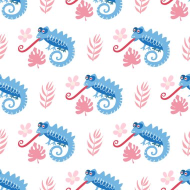 Şirin bukalemunları olan kusursuz çocuksu bir model. Tekstil, kumaş, duvar kağıdı, poster, kartpostal, yüzey tasarımı, moda çocuklarının giydiği kıyafetler, bebek partisi. Çocuklar için vektör çizimi.