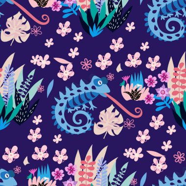 Şirin bukalemunları olan kusursuz çocuksu bir model. Tekstil, kumaş, duvar kağıdı, poster, kartpostal, yüzey tasarımı, moda çocuklarının giydiği kıyafetler, bebek partisi. Çocuklar için vektör çizimi.