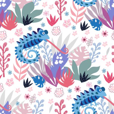 Şirin bukalemunları olan kusursuz çocuksu bir model. Tekstil, kumaş, duvar kağıdı, poster, kartpostal, yüzey tasarımı, moda çocuklarının giydiği kıyafetler, bebek partisi. Çocuklar için vektör çizimi.